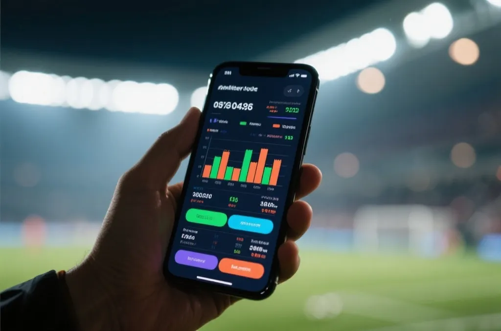 Close-up of a smartphone screen showing a generic sports analytics dashboard with colorful charts and live match data, stadium lights blurred in the background.